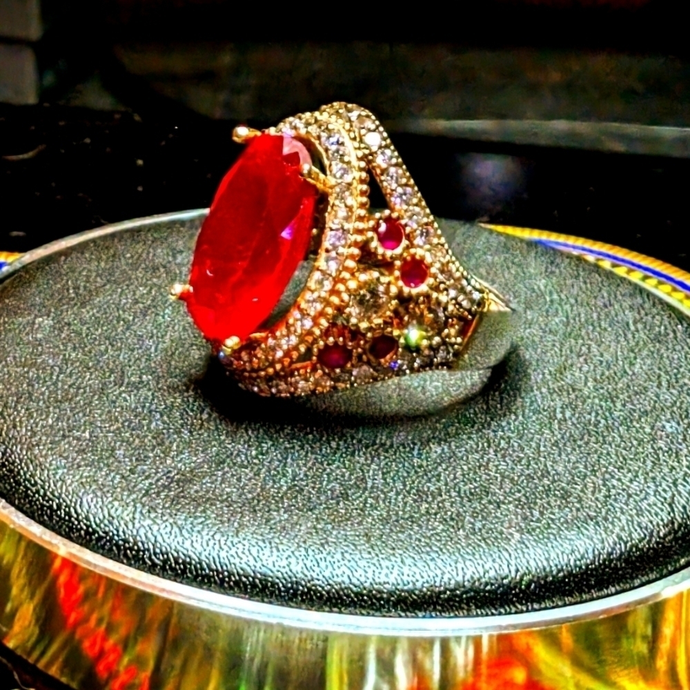 Handmade Turkish Ring Size 13 Pigeon Blood Ruby and Round Cut Topaz 925 Sterlin